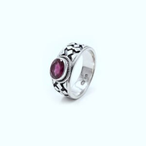 Artisan Silver Garnet Ring with Geometric Detail
