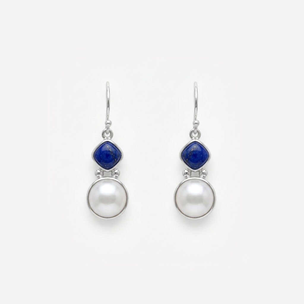 Elegant Silver Dangle Earrings with Pearl and Lapis