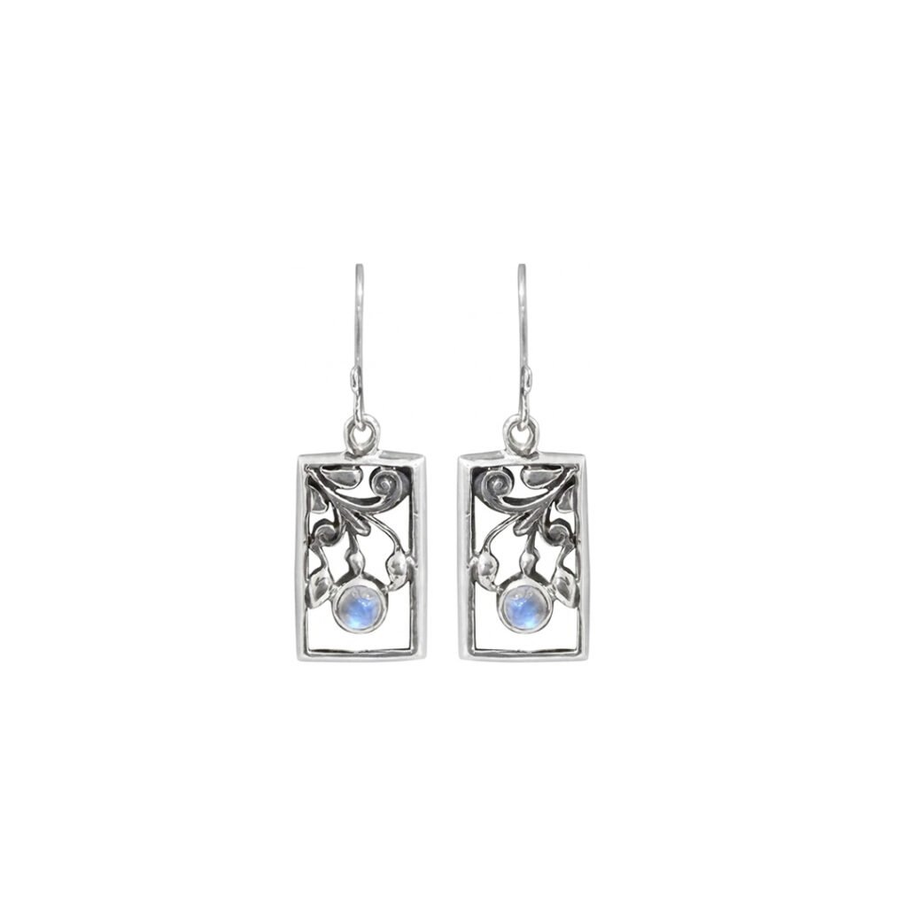 Handcrafted Moonstone Rectangle Dangle Earrings in Silver