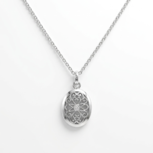 Artisan Silver Oval Medallion Necklace – Intricate Scrollwork Design