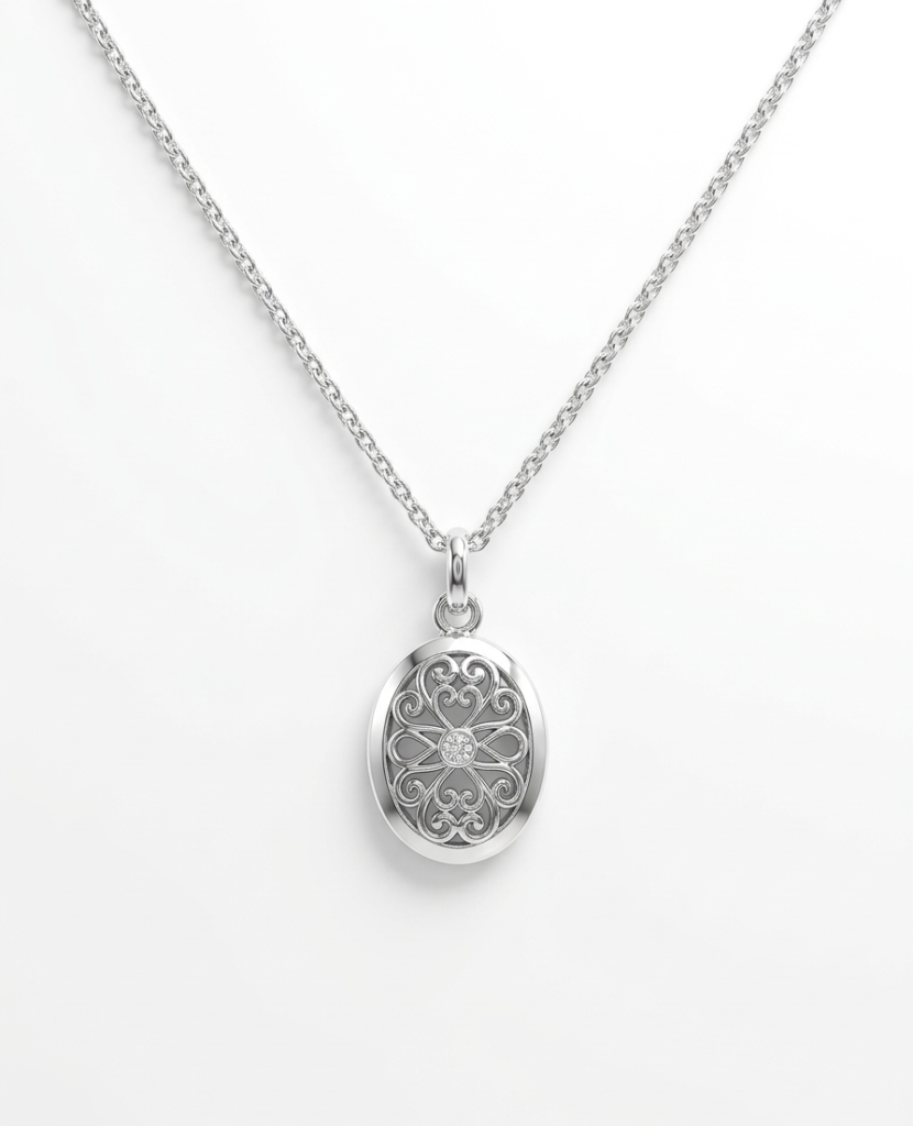 Artisan Silver Oval Medallion Necklace – Intricate Scrollwork Design