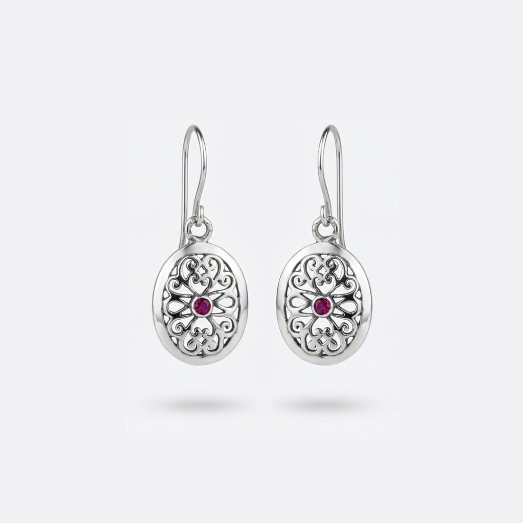 Artisan Silver Mandala Drop Earrings with Red Stone