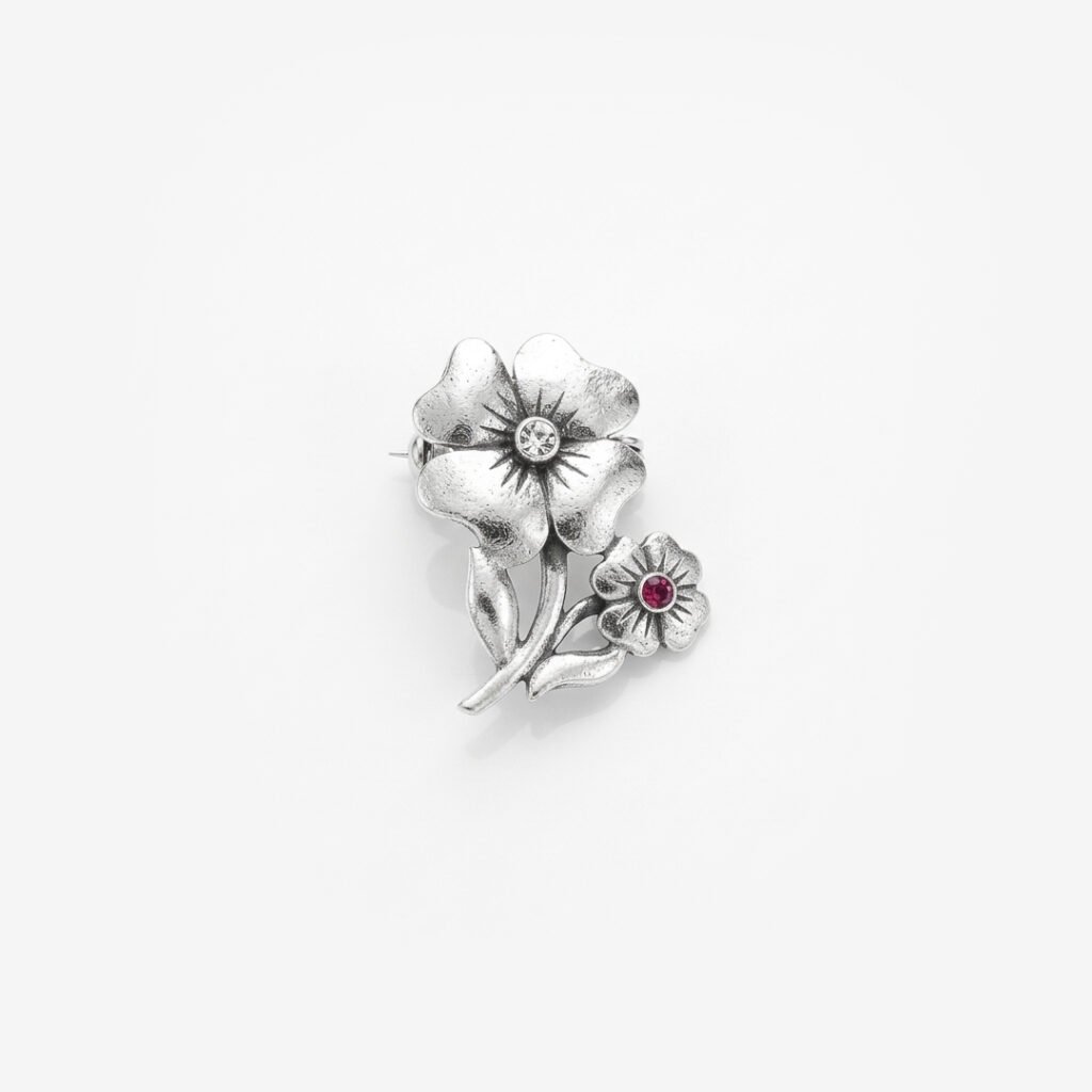 Handcrafted Silver Flower Brooch with Semi-Precious Stone