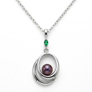 Dark Pearl Orbit Necklace in 925 Silver with Green Marquise Accent
