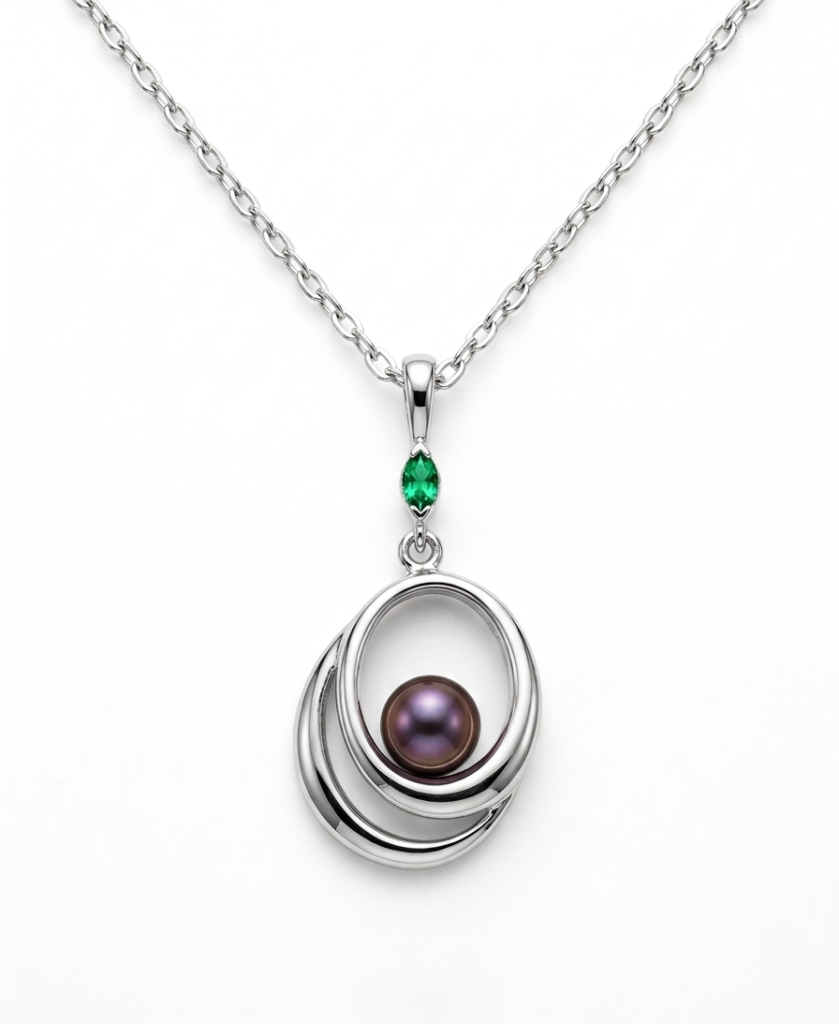 Dark Pearl Orbit Necklace in 925 Silver with Green Marquise Accent
