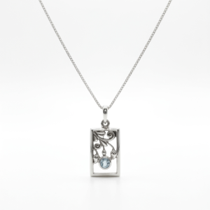 Small Sized Floral Design Silver Pendant with Aquamarine Stone