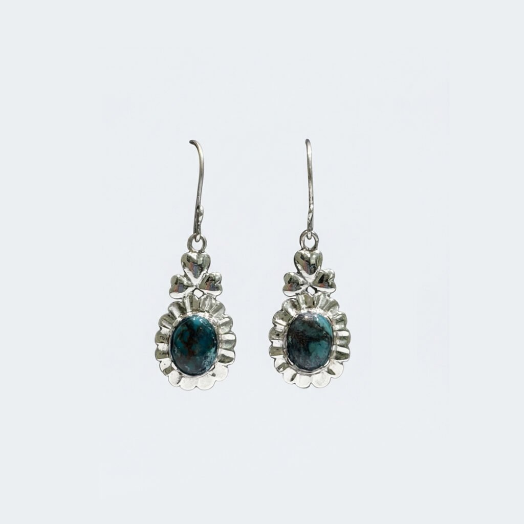 Sterling Silver Heart and Scalloped Edge Turquoise Drop Earrings