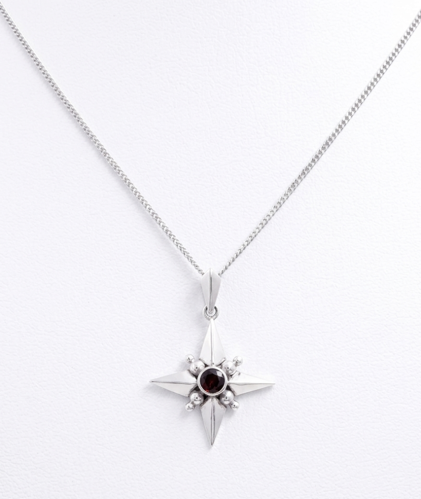 Minimalist Silver Compass Pendant with Round Cut Garnet Stone