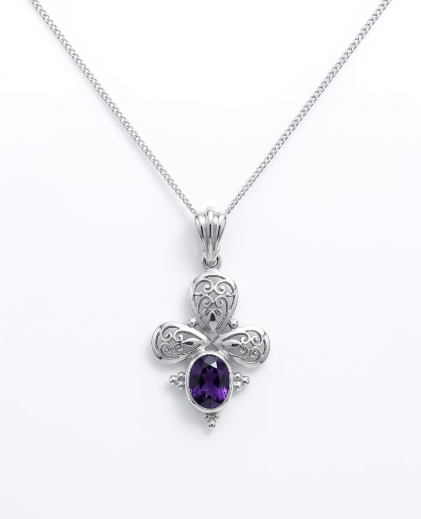 Ornate 925 Silver Amethyst Necklace – Victorian-Inspired Scrollwork Jewelry