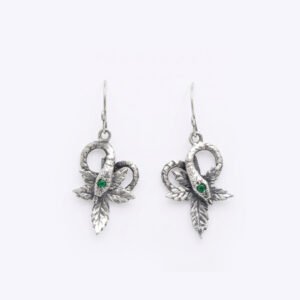 Sterling Silver Snake and Leaf Earrings with Green Accents