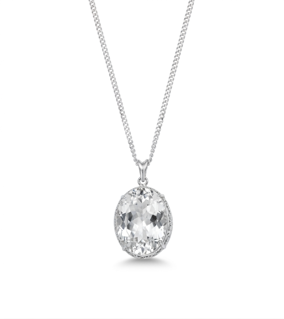 Large White Topaz Solitaire Pendant in 925 Silver – Vintage-Style Basket Setting