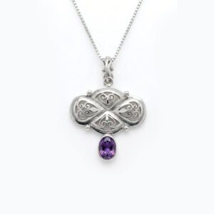 Sterling Silver Amethyst Heart Filigree Pendant – Ornate Victorian-Style Necklace