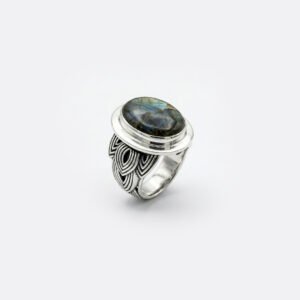 Artisan Silver Ring With Decorative Band And Labradorescent Stone