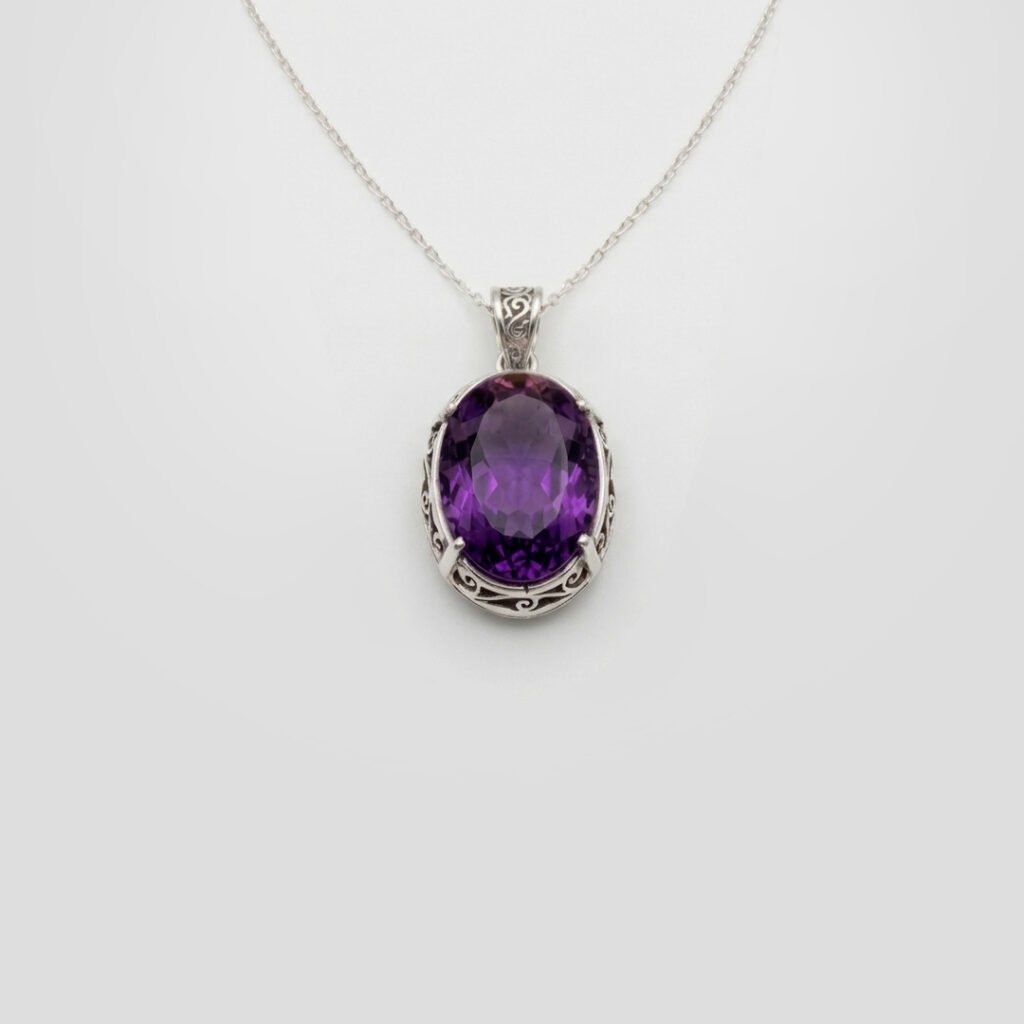 Handcrafted Silver Filigree Necklace with Amethyst Gemstone