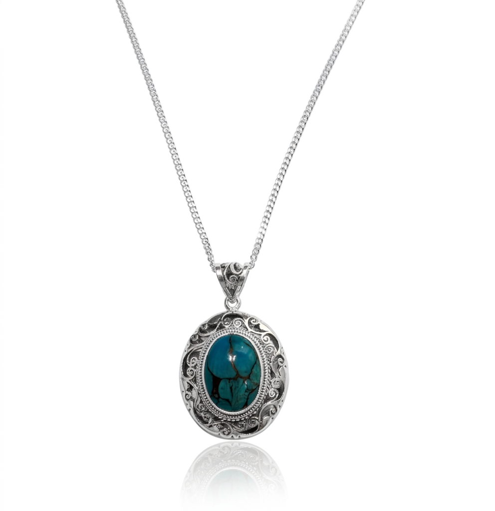Handcrafted Oval Turquoise Silver Pendant – Ethnic Style Filigree Jewelry