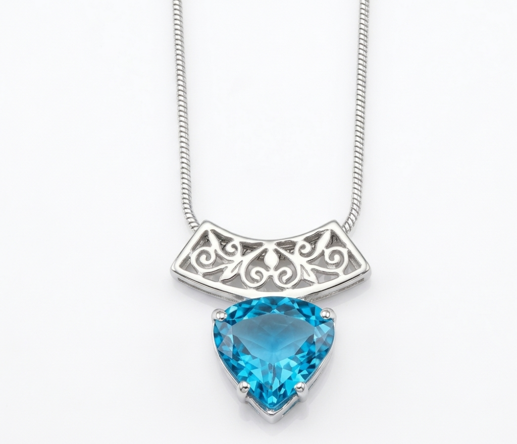 Sterling Silver Blue Topaz Trillion Cut Filigree Pendant
