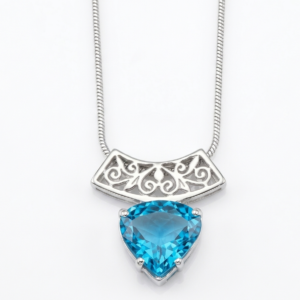 Sterling Silver Blue Topaz Trillion Cut Filigree Pendant