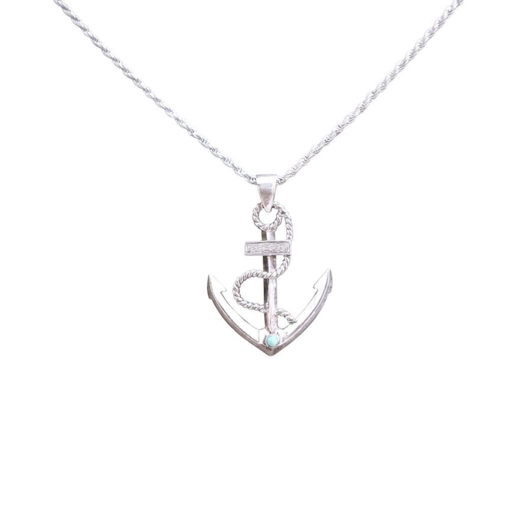 Sterling Silver Anchor Pendant with Rope Detail – Nautical Statement Necklace
