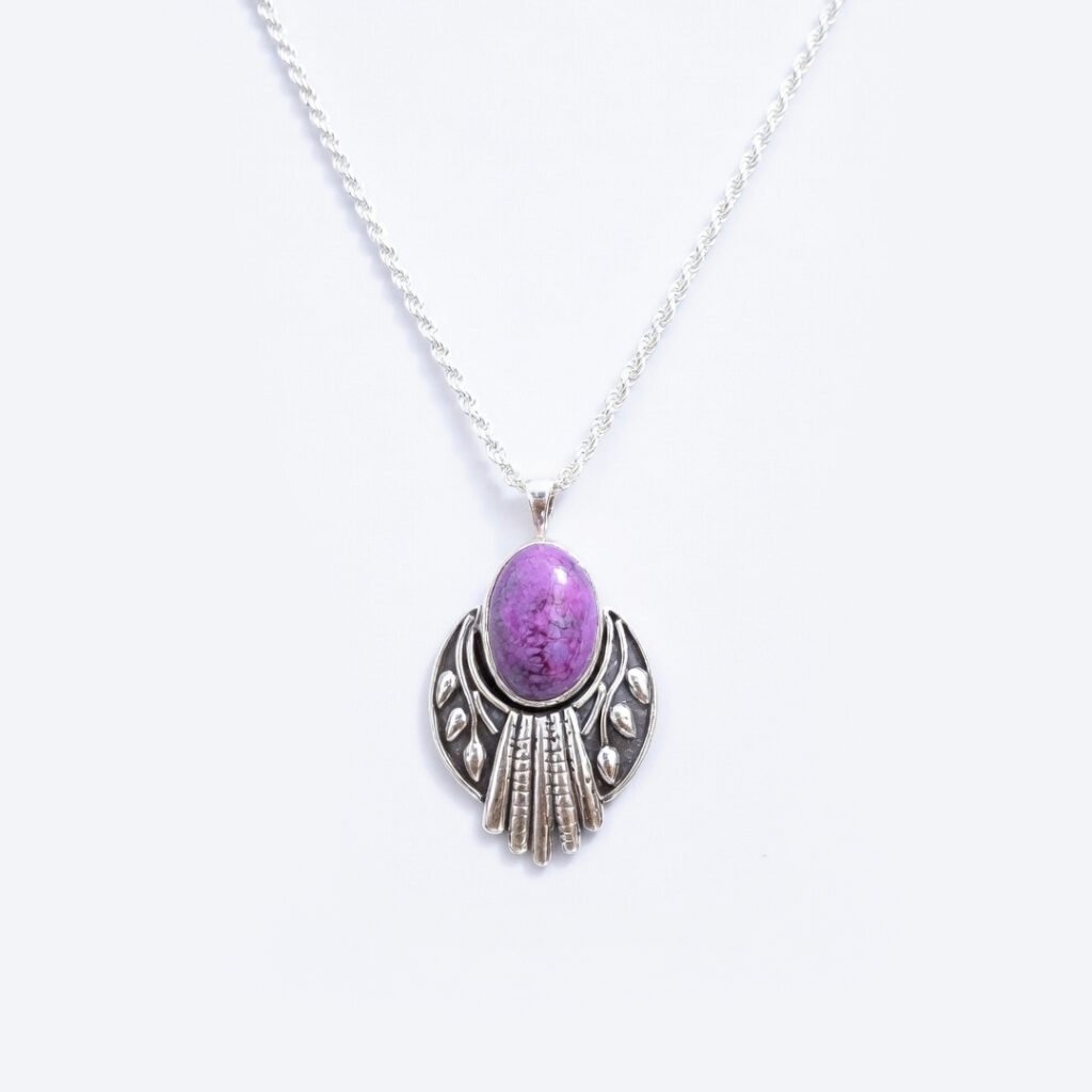 Sterling Silver Ornate Fan Pendant with Purple Turquoise – Tribal Statement Necklace