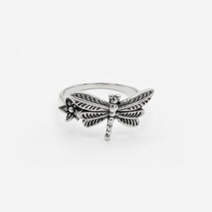Sterling Silver Dragonfly Ring with Floral Accent