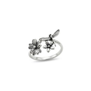 Sterling Silver Dragonfly and Floral Garden Bypass Statement Ring