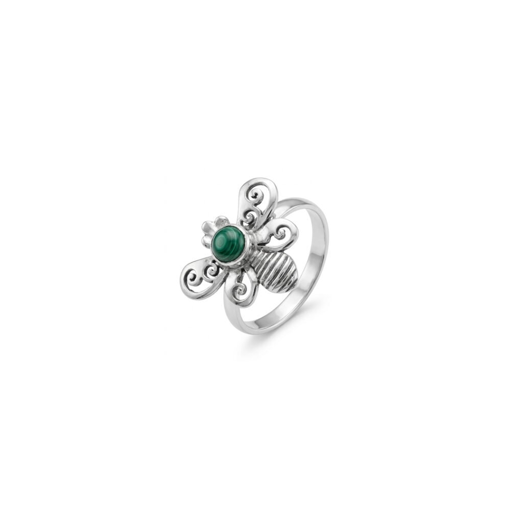 Nature Inspired Sterling Silver Bee Ring With Genuine Malachite Inlay