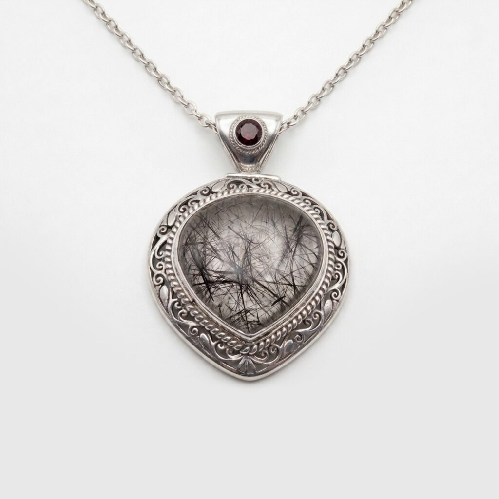 Sterling Silver Rutilated Quartz Filigree Pendant Necklace