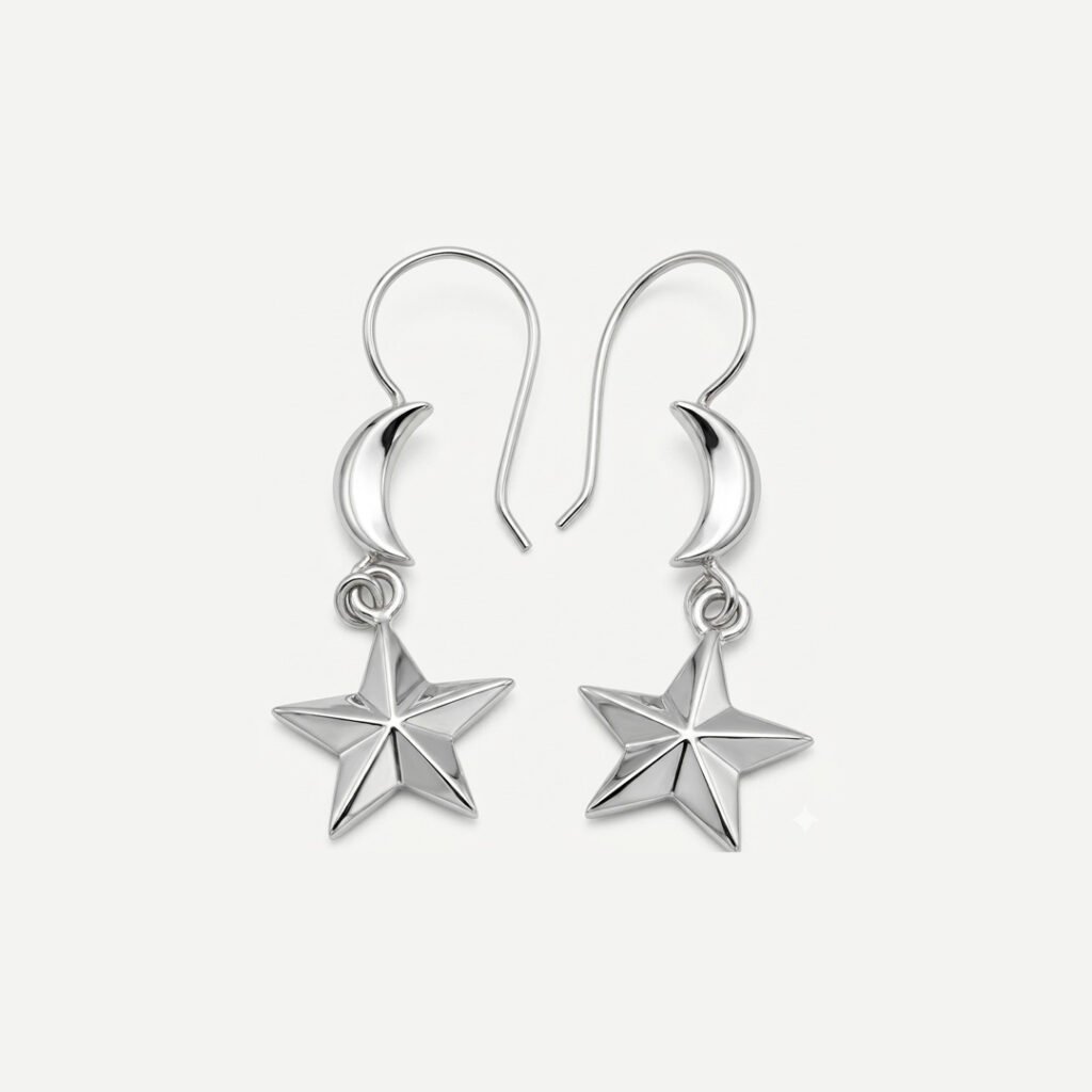 Minimalist Silver Star and Moon Dangle Earrings