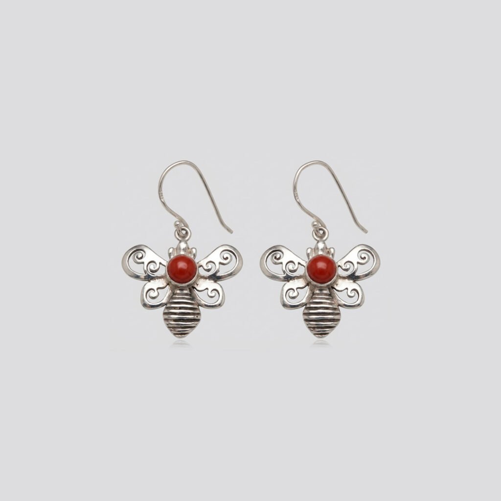 Artisan Silver Filigree Bumblebee Coral Drop Earrings
