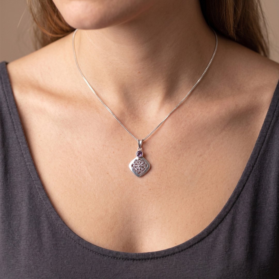 Amethyst Lattice Square Pendant Necklace - Image 2