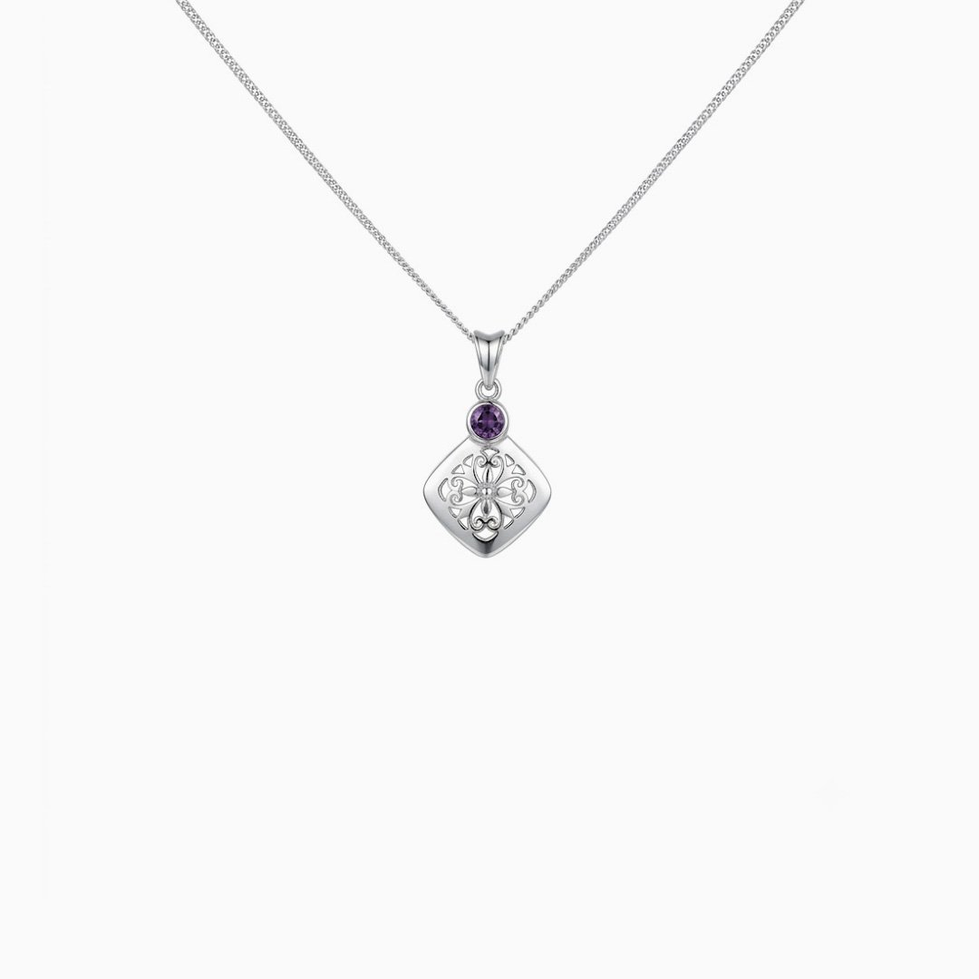 Amethyst Lattice Square Pendant Necklace