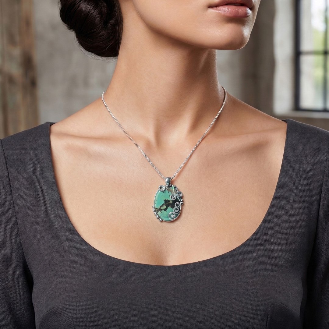 Turquoise Scrollwork Oval Pendant Necklace - Image 2
