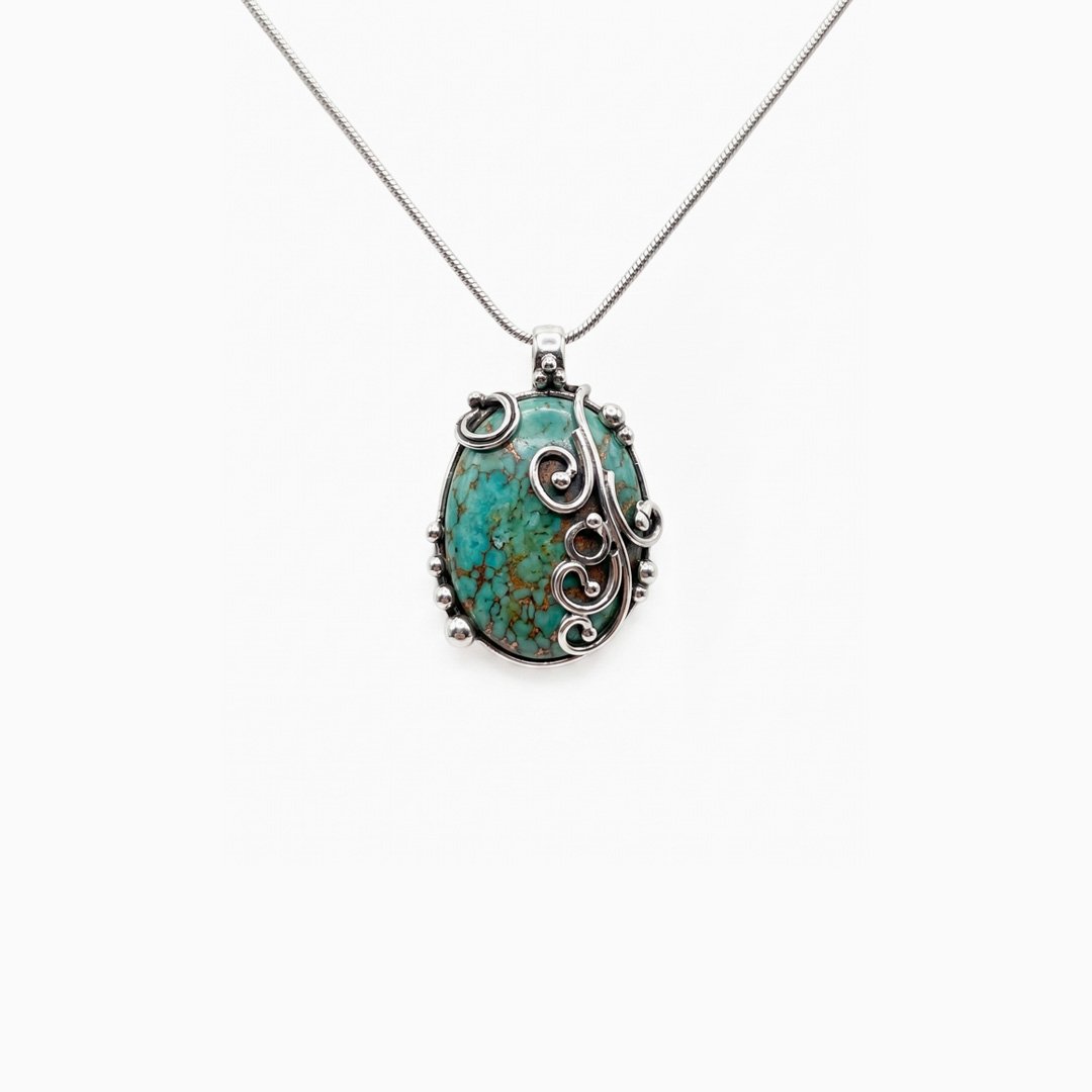 Turquoise Scrollwork Oval Pendant Necklace