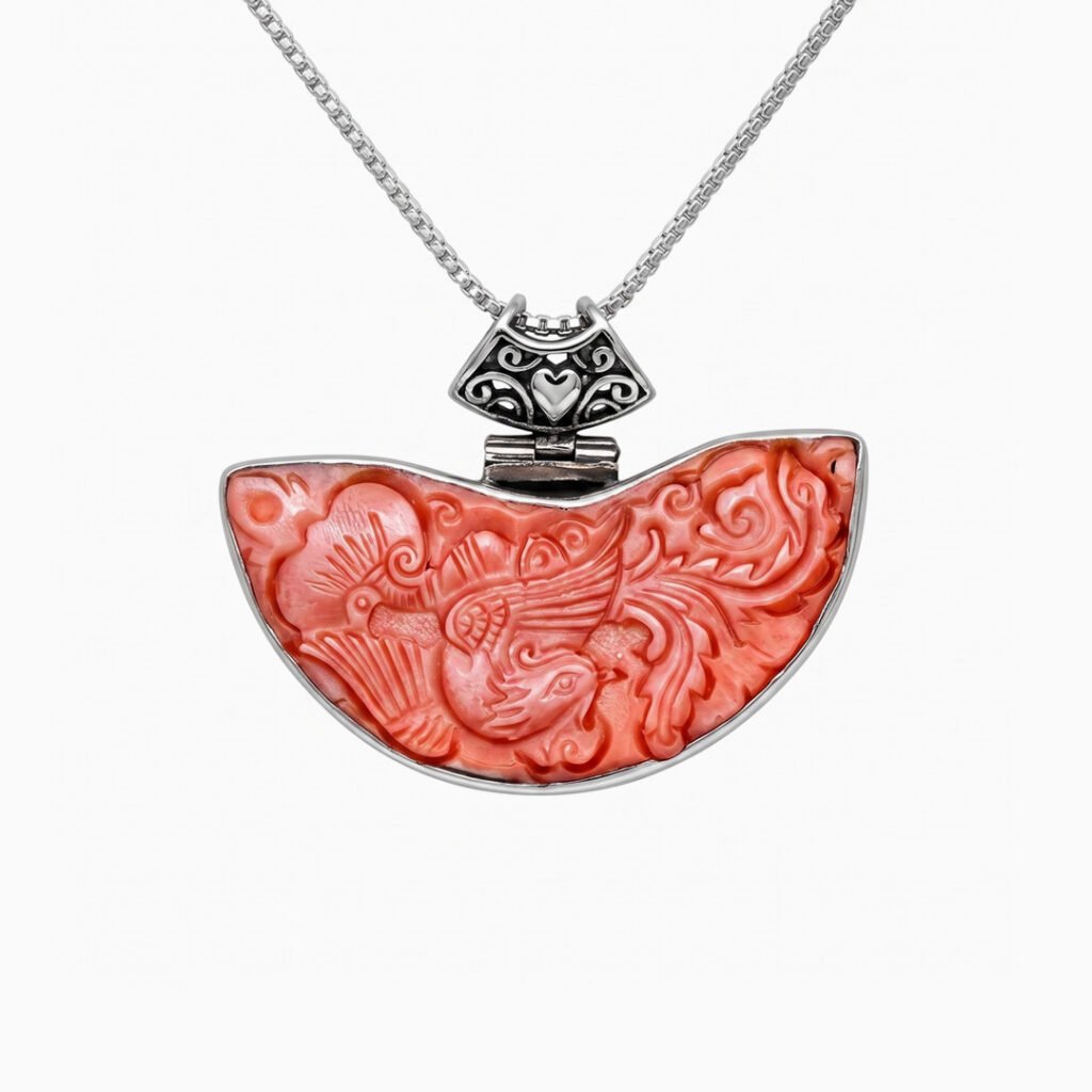 Coral Phoenix Carved Crescent Pendant Necklace