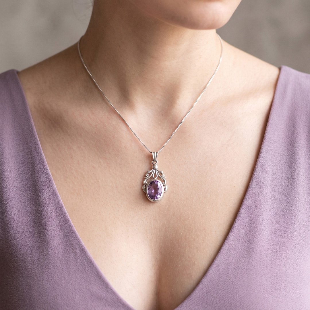 Lavender Scroll Oval Pendant Necklace - Image 2