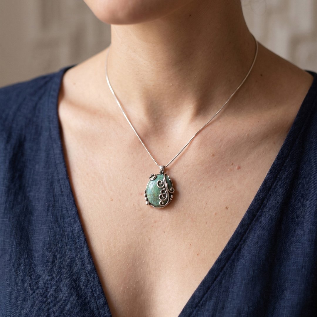 Turquoise Scrollwork Oval Pendant Necklace - Image 2