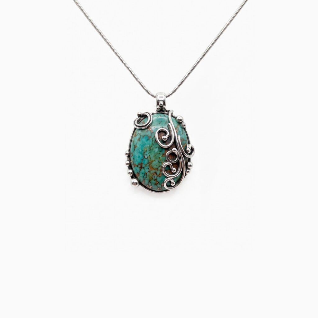 Turquoise Scrollwork Oval Pendant Necklace