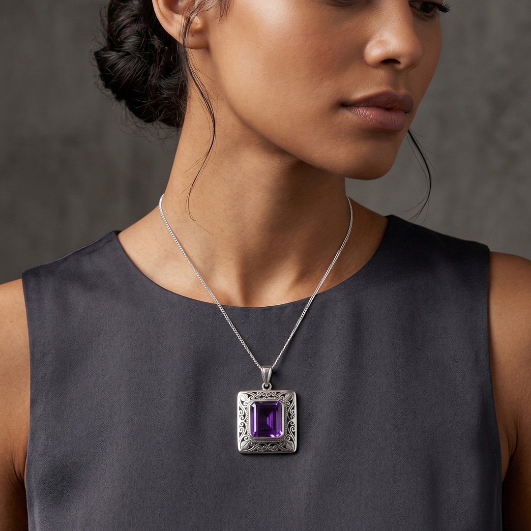 Regal Emerald-Cut Amethyst Filigree Pendant Necklace - Image 3