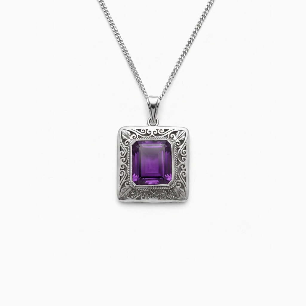 Regal Emerald-Cut Amethyst Filigree Pendant Necklace