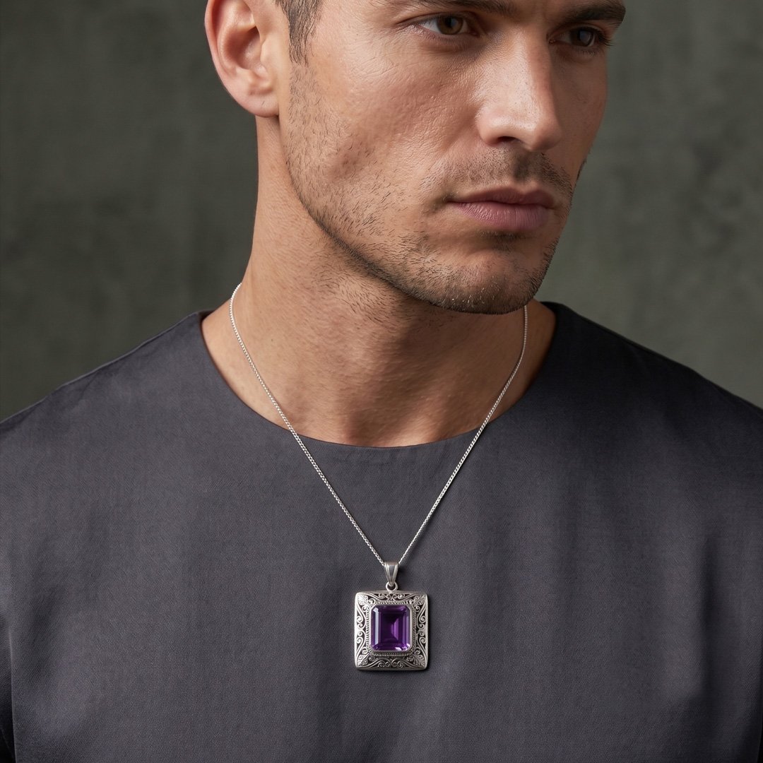 Regal Emerald-Cut Amethyst Filigree Pendant Necklace - Image 4