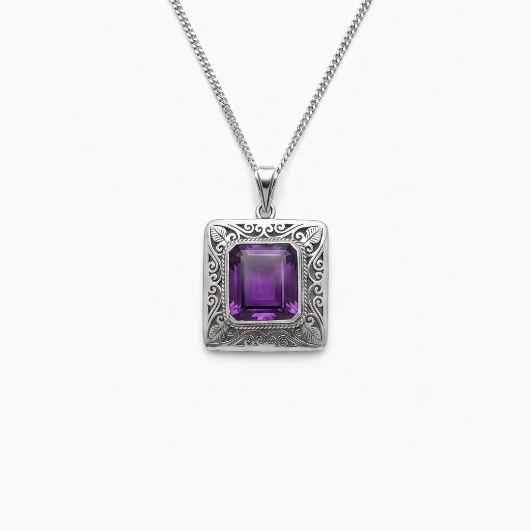 Regal Emerald-Cut Amethyst Filigree Pendant Necklace